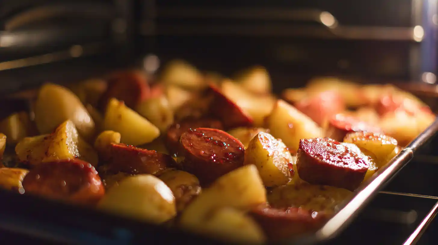 roast-again-sweet-savory-sausage-potatoes Final roasting of sausage and potatoes in sweet glaze for Sweet and Savory Glazed Sausage and Potatoes – best oven recipes for busy moms.