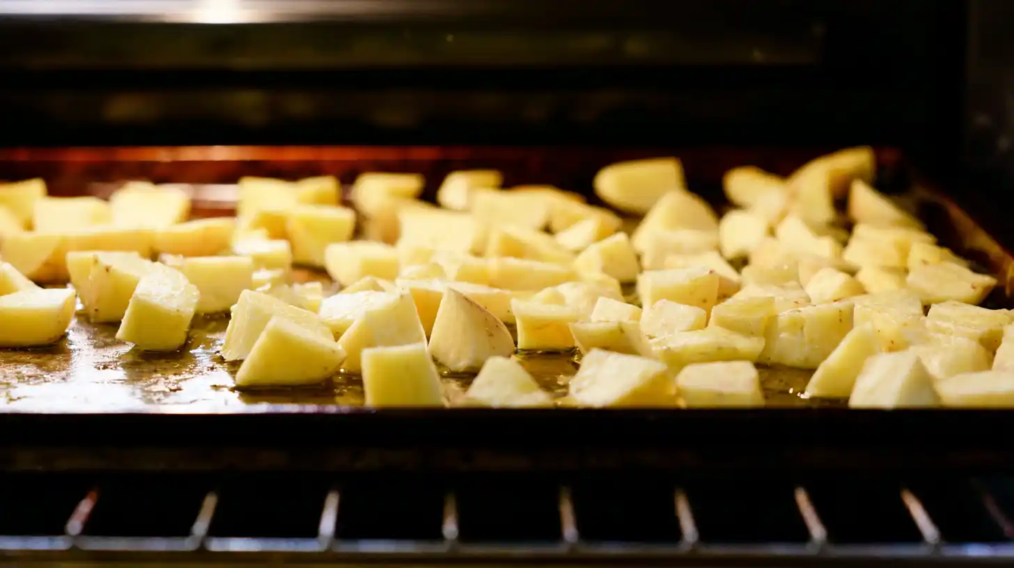 roast-potatoes-sweet-savory-sausage-dinner Roasting potatoes in oven for Sweet and Savory Glazed Sausage and Potatoes – easy dinner recipes for families, roasted potatoes and sausage dinner.