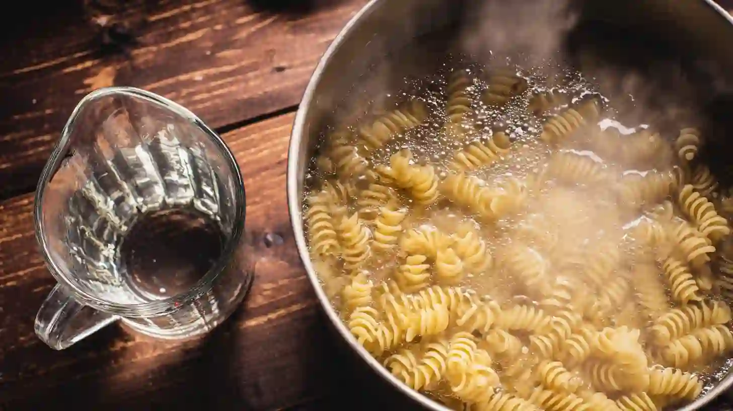 rotini-pasta-cooking-boiling-wate Rotini pasta cooking in boiling water – Cheesy Cajun Garlic Chicken Rotini Skillet Recipe, quick pasta dinner recipes, best pasta pots for family meals