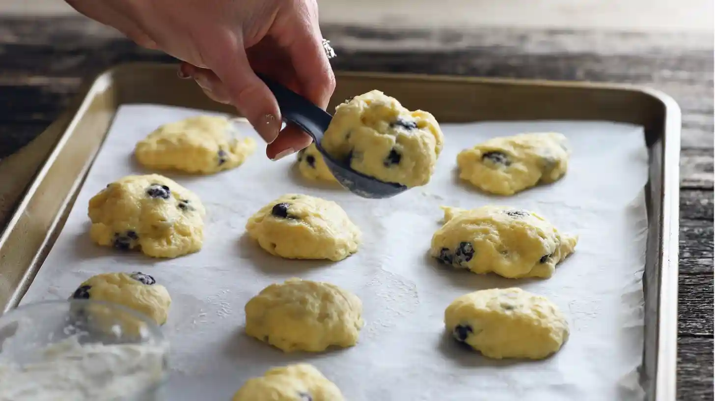 scooping-batter-baking-tray-cottage-cheese-cloud-bread Scooping blueberry cottage cheese batter onto tray for low carb bread recipe and protein packed breakfast recipes