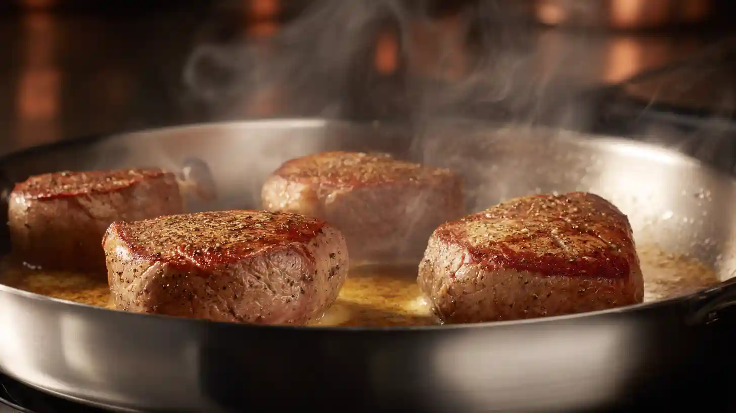 searing-filet-mignon-luxury-surf-and-turf Searing filet mignon steaks in butter for Easy Filet Mignon Shrimp Lobster – premium surf and turf dinner idea with rich flavor.