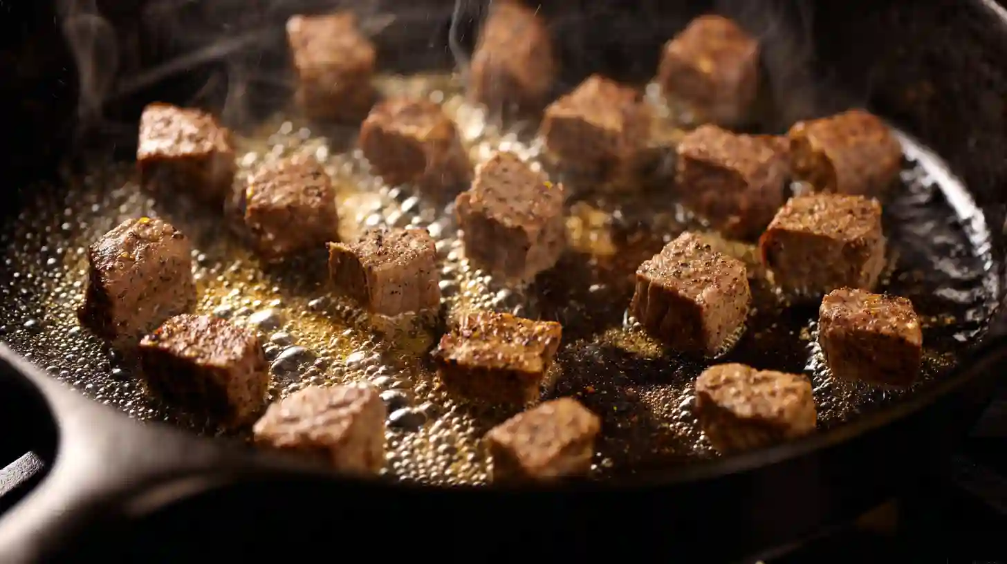 searing-steak-bites-garlic-butter-skillet Garlic butter steak bites searing in skillet for cheesy garlic steak bites and creamy linguine, quick weeknight meals with steak