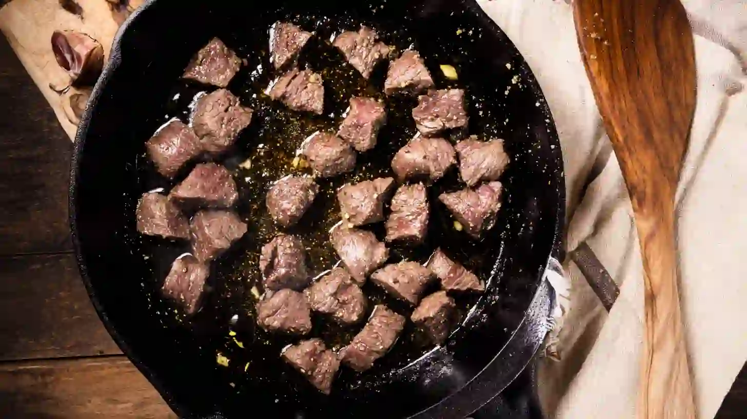 searing-steak-garlic-butter-steak-and-ravioli-skillet Searing sirloin steak for One-Skillet Garlic Butter Steak and Cheese Ravioli – high-protein dinner ideas for families