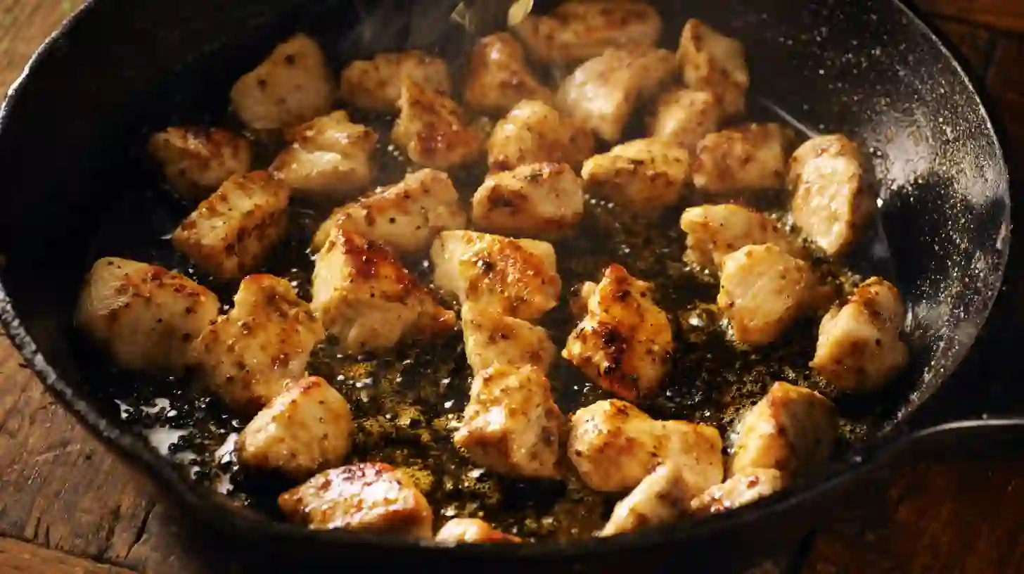 seasoned-cajun-chicken-searing-skillet Seasoned Cajun chicken searing in skillet – Cheesy Cajun Garlic Chicken Rotini Recipe, quick family dinner skillet meals, best comfort food recipes