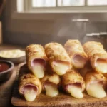 Freshly baked ham cheese mozzarella sticks served hot with marinara, ranch, and honey mustard – best baked appetizers, quick and cheap meals, easy dinner recipes for families.