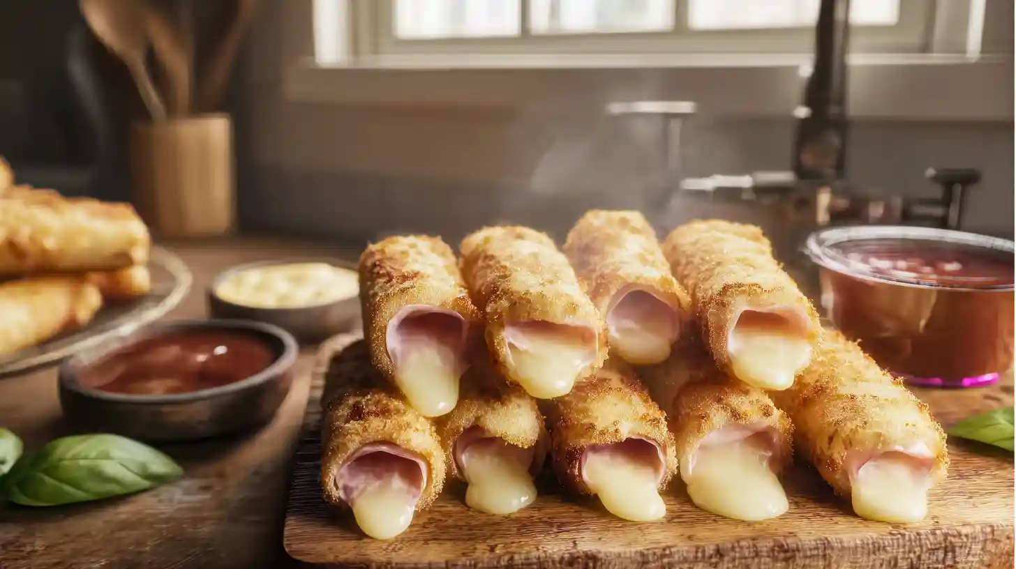 serve-hot-baked-ham-cheese-mozzarella-sticks Freshly baked ham cheese mozzarella sticks served hot with marinara, ranch, and honey mustard – best baked appetizers, quick and cheap meals, easy dinner recipes for families.