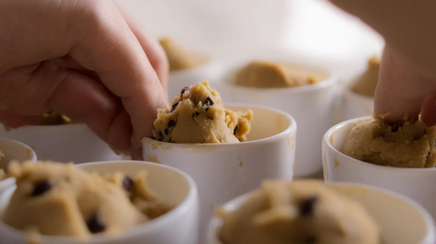 shaping-cookie-cups-dairy-milk-caramel-cookie-cups Shaping cookie dough into muffin tin wells for Dairy Milk Caramel Cookie Cups – the base for holding gooey caramel filling