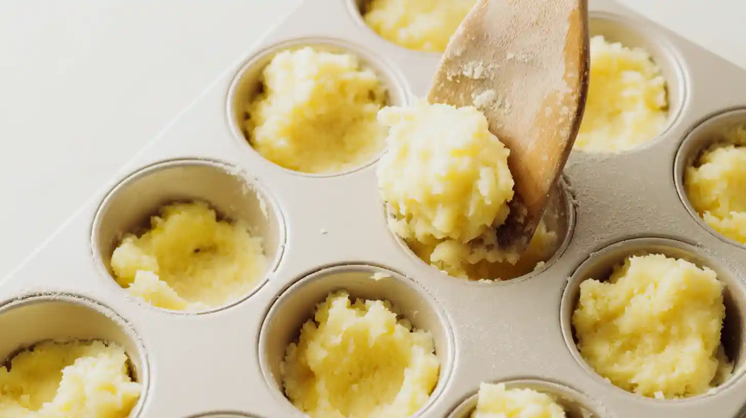 shaping-potato-nests-in-muffin-tin Shaping mashed potato mixture into muffin tin for stuffed mashed potato nests recipe, creating crispy potato nests for quick and cheap meals