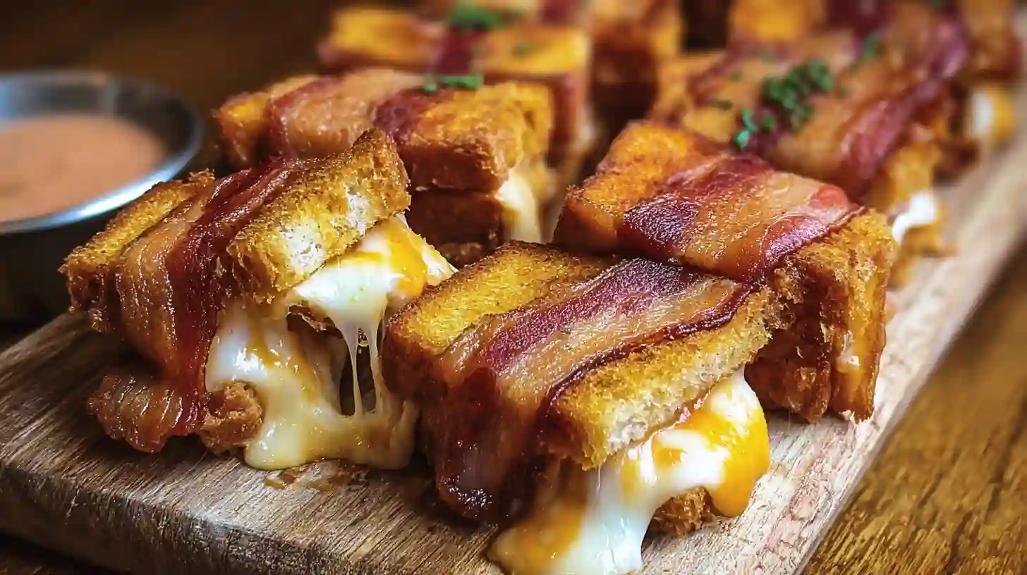slicing-serving-bacon-wrapped-grilled-cheese-fingers Slicing and serving Bacon-Wrapped Grilled Cheese Fingers recipe, a crispy bacon grilled cheese recipe and easy bacon appetizers for parties