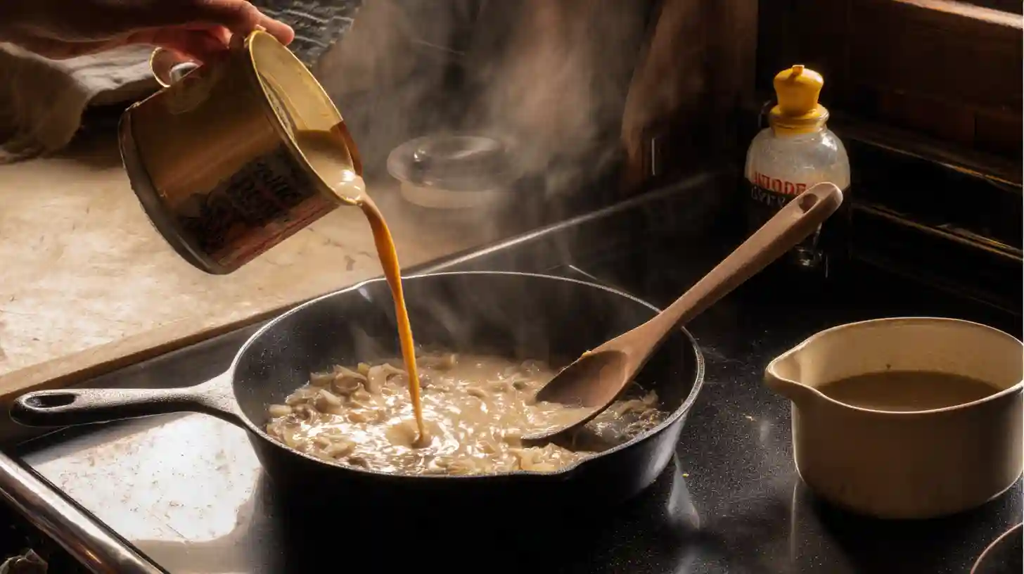 smothered-hamburger-steaks-magic-step3 Smothered Hamburger Steaks Magic – building creamy mushroom gravy for budget-friendly family meals and ground beef comfort food recipes