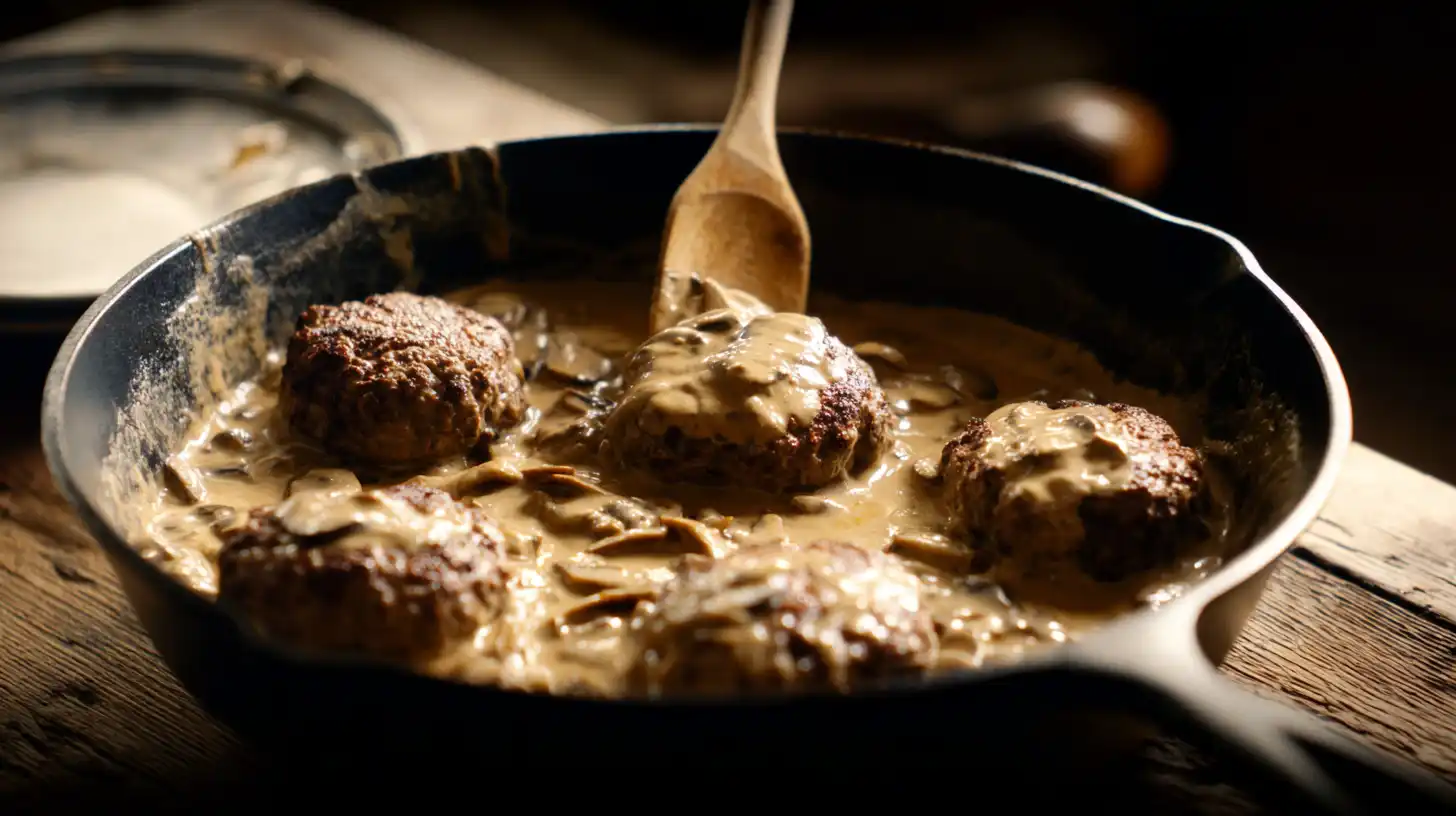 smothered-hamburger-steaks-magic-step4 Smothered Hamburger Steaks Magic – adding beef patties to creamy mushroom gravy for easy dinner recipes for families and budget-friendly family meals