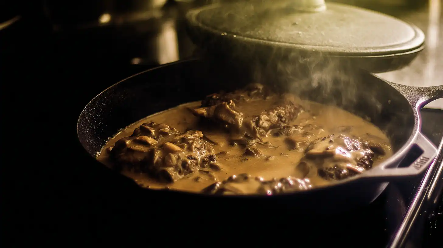 smothered-hamburger-steaks-magic-step5 Smothered Hamburger Steaks Magic – simmering beef patties in creamy mushroom gravy for weeknight beef skillet recipes and ground beef comfort food recipes