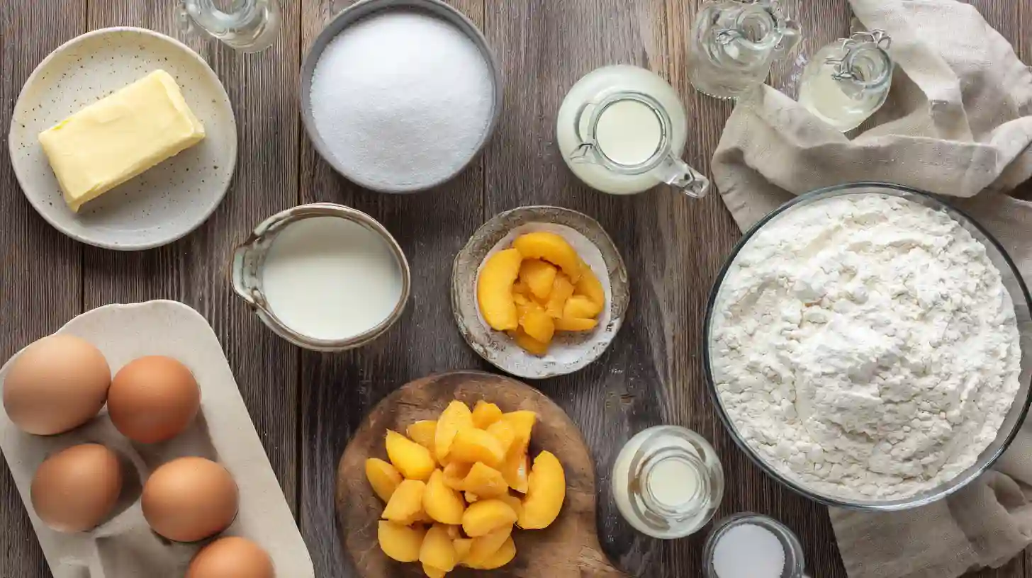 southern-peach-buttermilk-pound-cake-ingredients-Image Southern Peach Buttermilk Pound Cake ingredients – butter, sugar, eggs, flour, buttermilk, vanilla, almond extract, and fresh peaches for a classic Southern dessert recipe