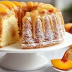 sliced Southern Peach Buttermilk Pound Cake on cake stand with fresh peach garnish, easy dessert recipes for families, old-fashioned Southern cake