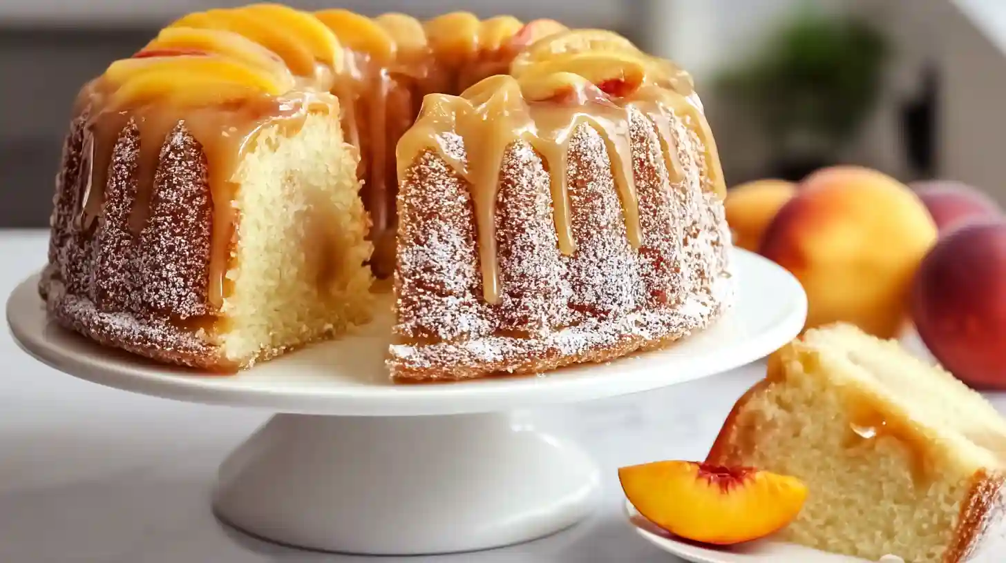southern-peach-buttermilk-pound-cake-serving sliced Southern Peach Buttermilk Pound Cake on cake stand with fresh peach garnish, easy dessert recipes for families, old-fashioned Southern cake
