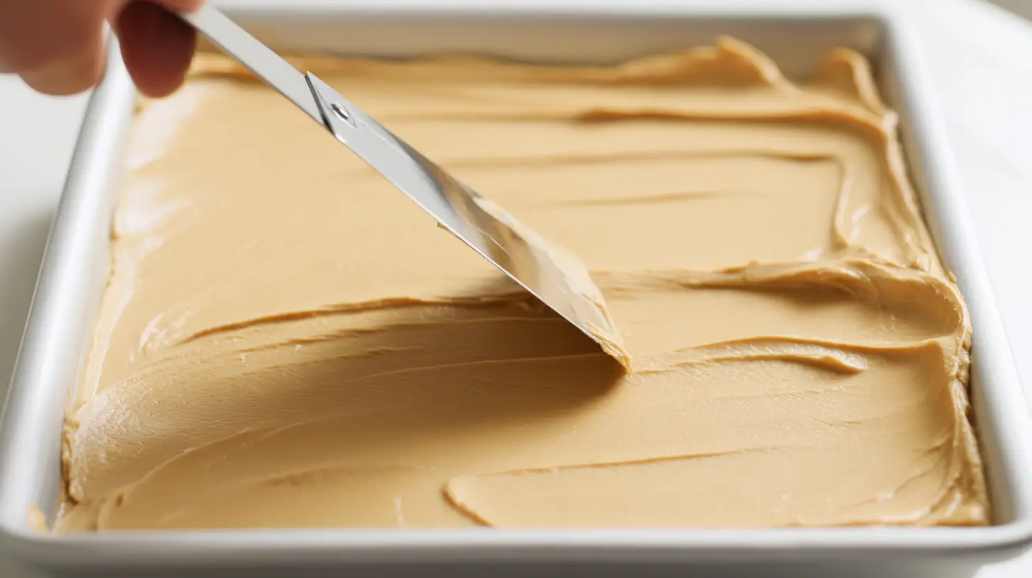 spread-peanut-butter-layer-dump-cake Spreading peanut butter base in baking dish for peanut butter cup dump cake delight, a quick and easy peanut butter dessert