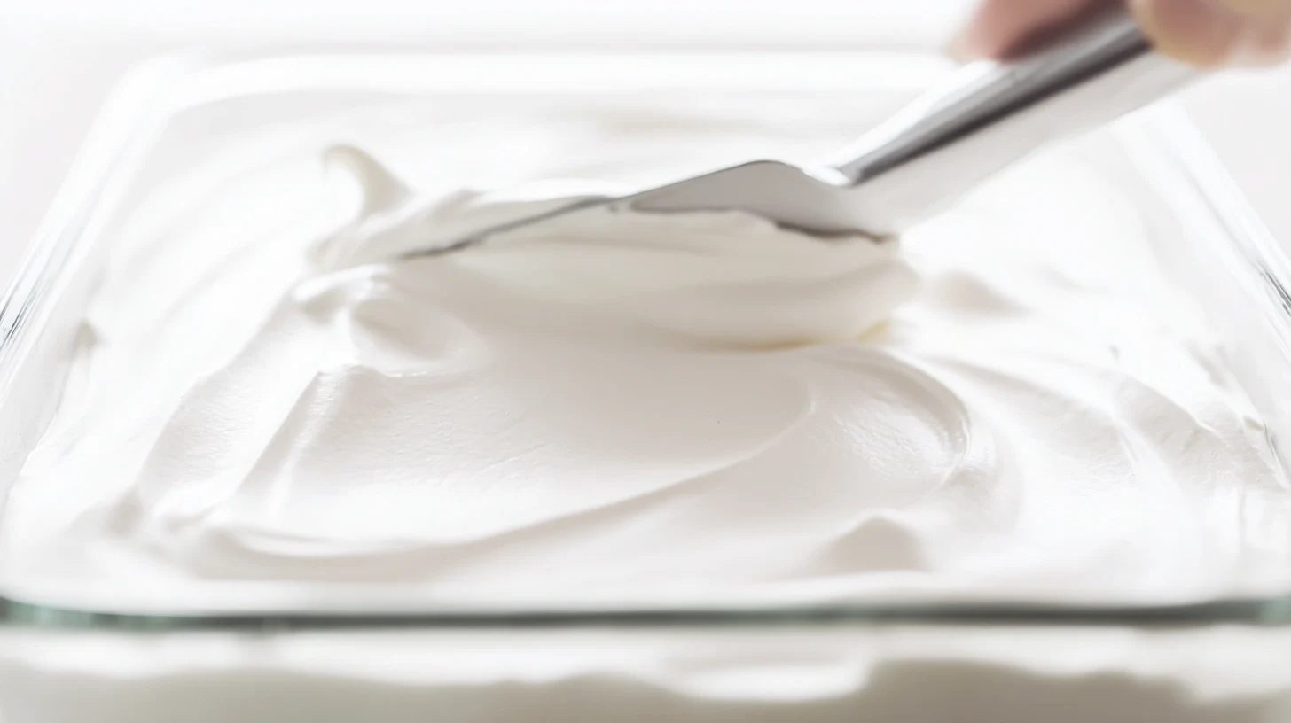 spreading-whipped-cream-base-chocolate-dreams-in-an-icebox Spreading a thin layer of whipped cream in a glass dish to anchor wafers for Chocolate Dreams in an Icebox – easy no-bake chocolate dessert for families