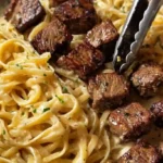 Garlic butter steak bites added to creamy linguine pasta, cheesy steak pasta recipe and quick weeknight meals with steak