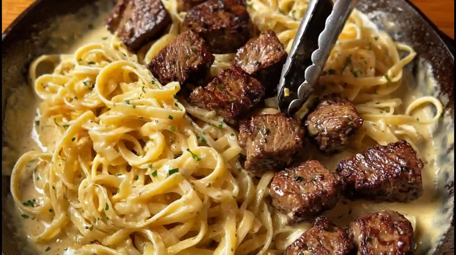 steak-bites-creamy-linguine-final-skillet Garlic butter steak bites added to creamy linguine pasta, cheesy steak pasta recipe and quick weeknight meals with steak