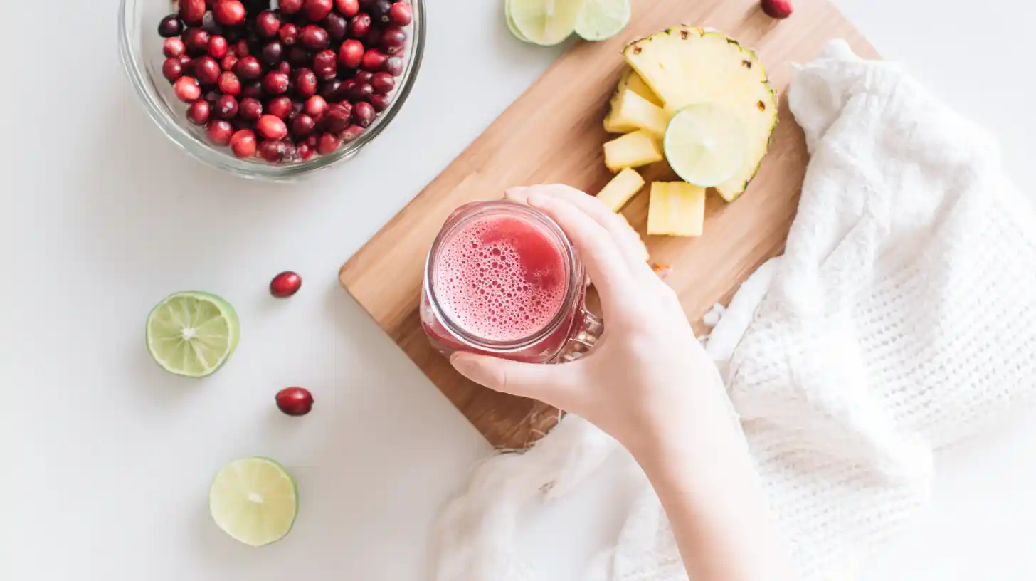 step-1-cranberry-pineapple-fizz-recipe-mix-base Mixing cranberry pineapple fizz base in a mason jar shaker – easy homemade fruit juice blend for non-alcoholic holiday drinks and party punch recipes.