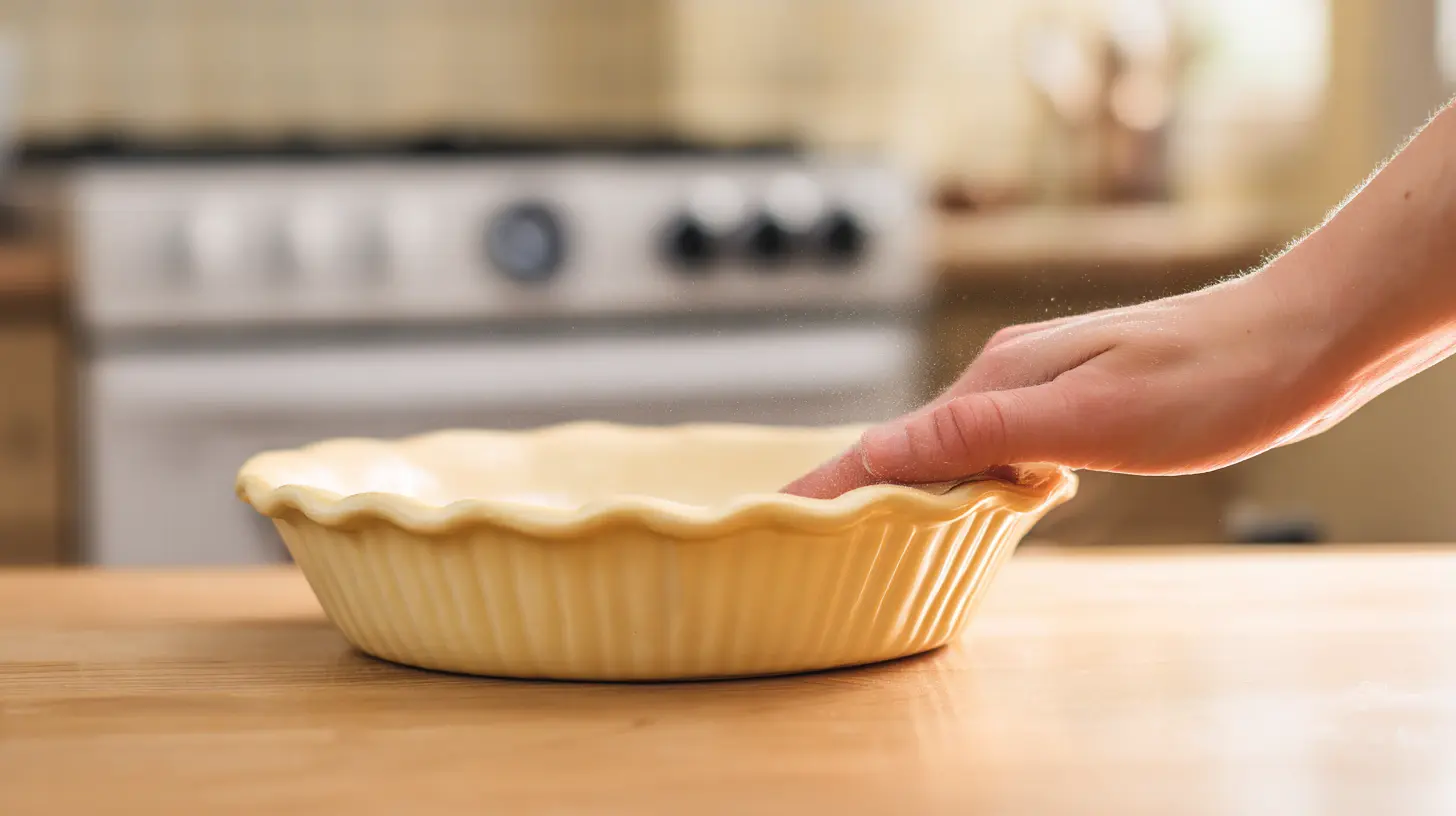step-1-greasing-dish-caramel-brownie-pie greasing pie dish for caramel brownie pie with oven preheating at 350°F