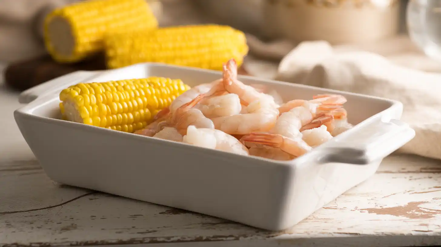 step-1-preheat-baking-shrimp-corn Close-up of shrimp and corn in a baking dish ready for garlic butter baked shrimp with corn recipe