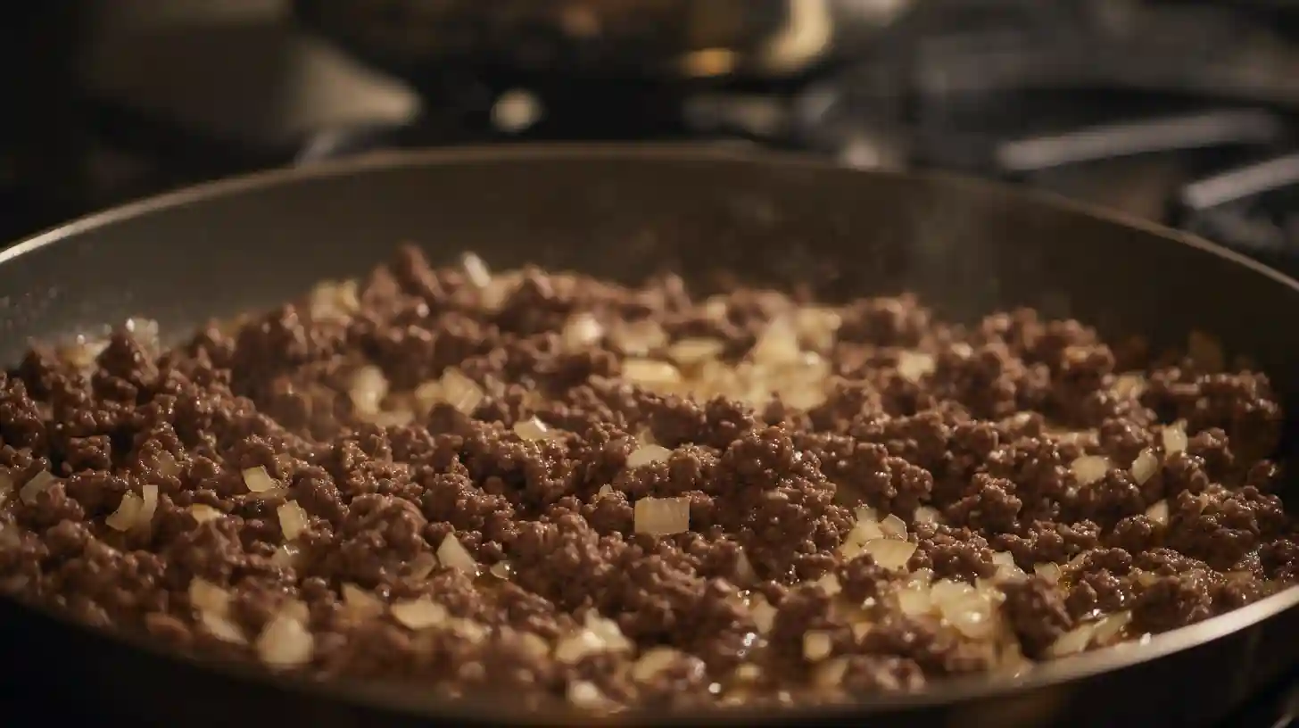 step-2-brown-ground-beef-for-creamy-bowtie-pasta. Brown ground beef with onions and garlic in skillet for easy creamy beef and bowtie pasta – quick ground beef dinner ideas, creamy ground beef pasta skillet