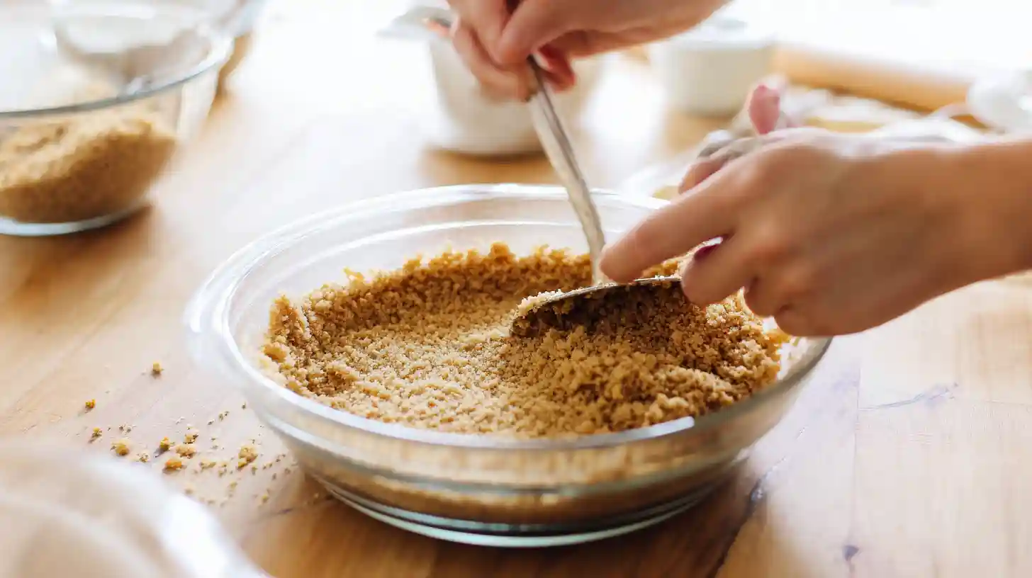 step-2-caramel-brownie-pie-crust-prep making graham cracker crust for caramel brownie pie in glass bowl on wooden counter