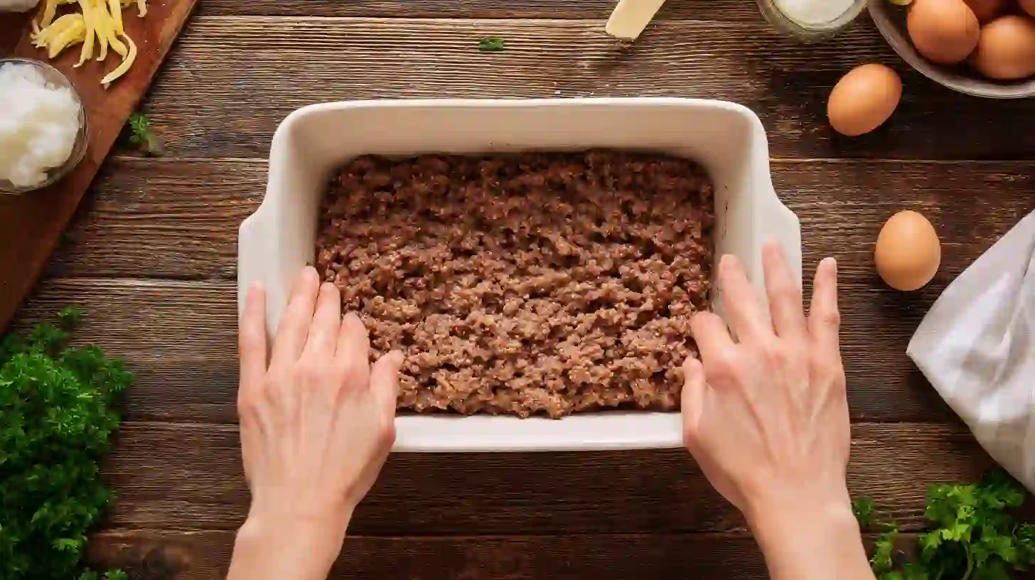 step-2-press-meatloaf-base-casserole-dinner Step 2: Press meatloaf base in baking dish – Meatloaf and Cheddar Shells Casserole Recipe for one-pan weeknight dinners
