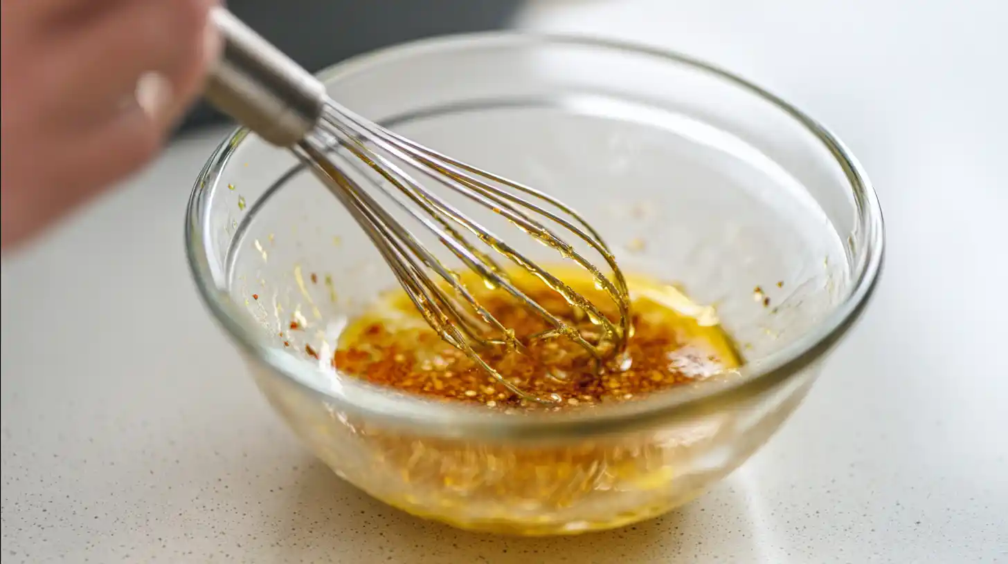 step-2-whisk-garlic-butter-sauce-shrimp-corn Whisking garlic butter sauce with paprika and lemon for garlic butter baked shrimp with corn recipe