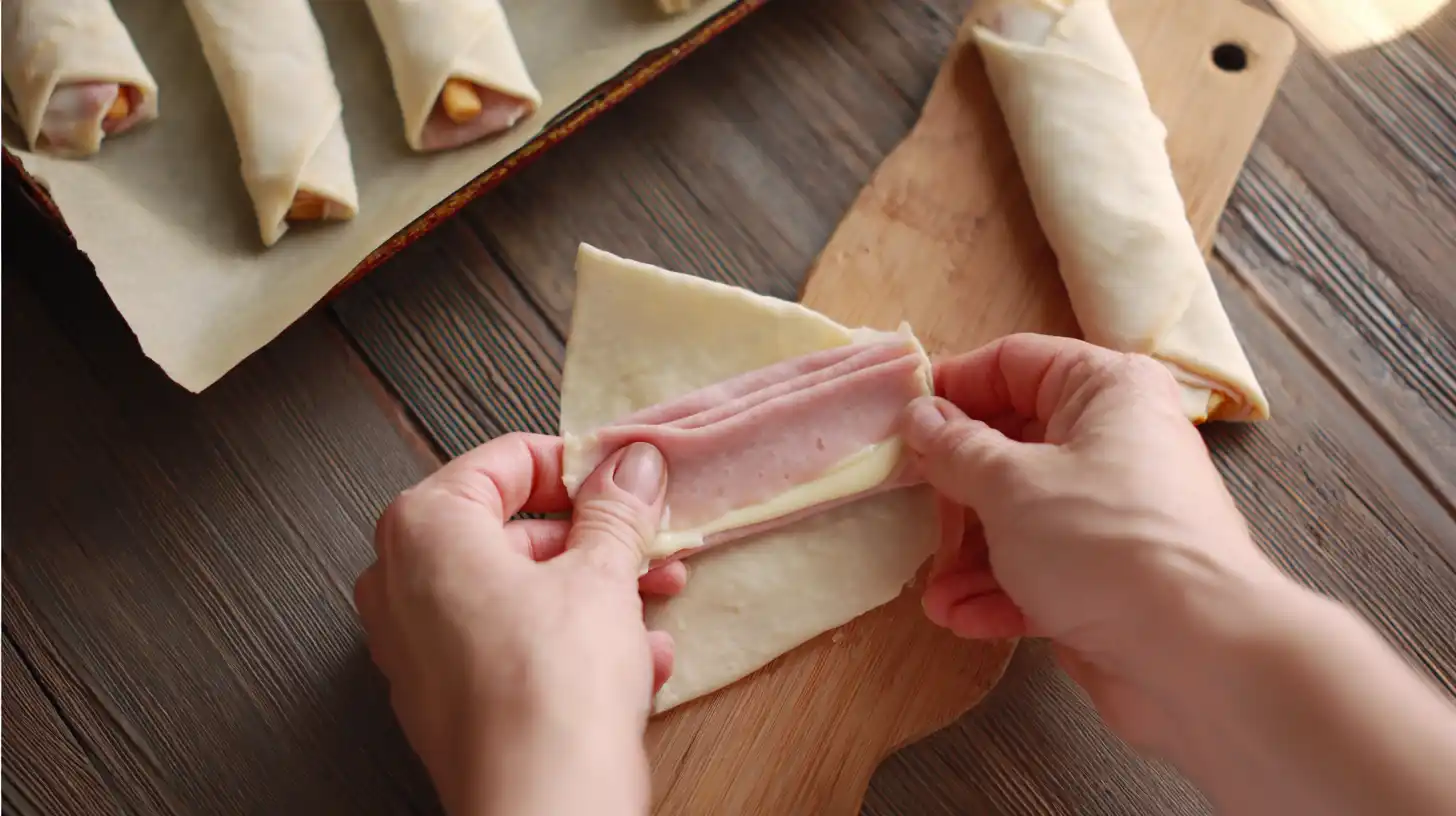 step-2-wrap-ham-mozzarella-baked-snack Wrapping honey ham and mozzarella stick in eggroll wrapper for baked ham cheese mozzarella sticks – quick and cheap meals, cheesy baked snacks, kid-friendly recipes.