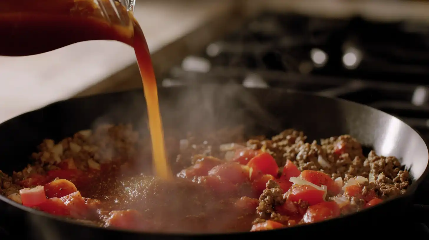 step-3-add-tomatoes-and-seasoning-creamy-bowtie-pasta Add diced tomatoes, beef broth, and Italian seasoning to browned beef for easy creamy beef and bowtie pasta – high protein family meals, creamy ground beef pasta skillet