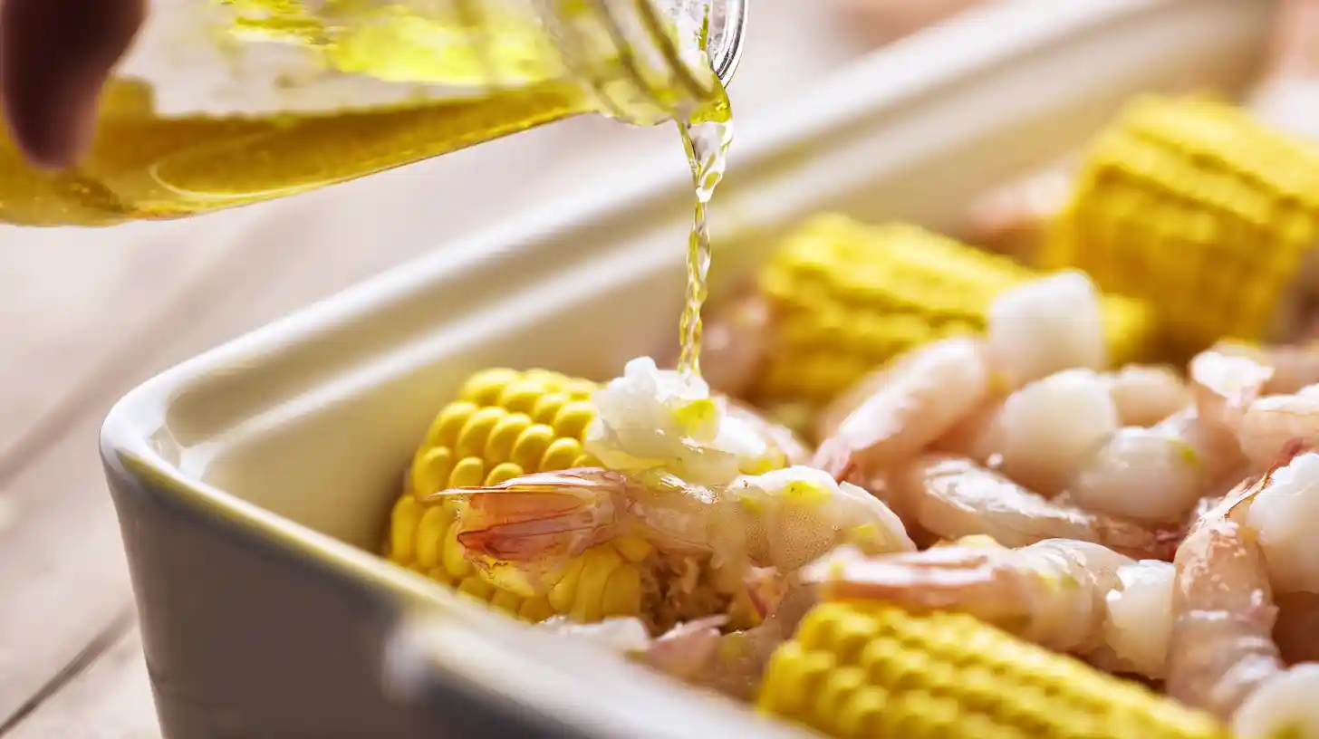 step-3-pour-garlic-butter-over-shrimp-corn Pouring garlic butter sauce over shrimp and corn for garlic butter baked shrimp with corn recipe