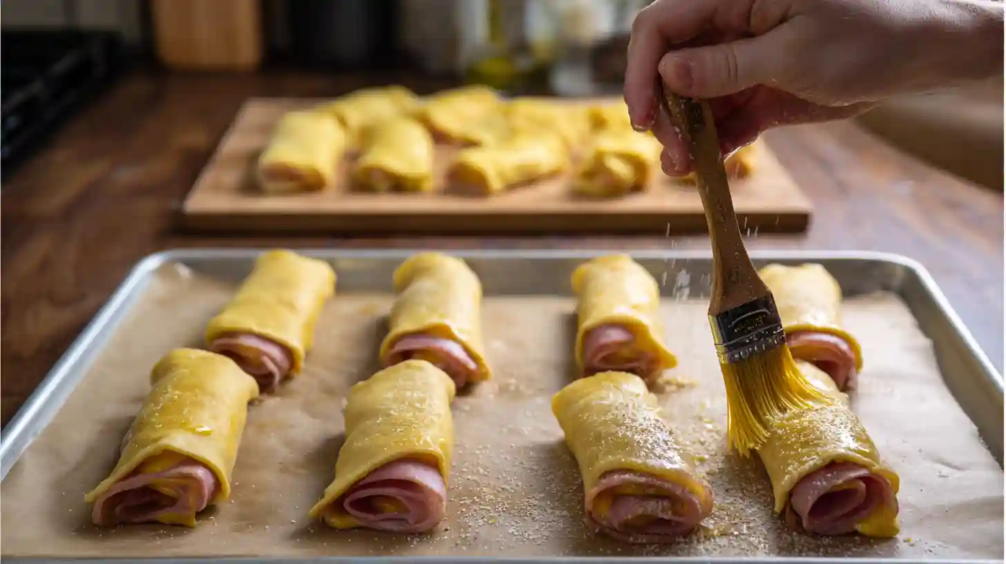 step-3-season-ham-mozzarella-baked-snack Brushing olive oil and sprinkling garlic salt on baked ham cheese mozzarella sticks – quick and cheap meals, healthy family snacks, best baked appetizers for parties.