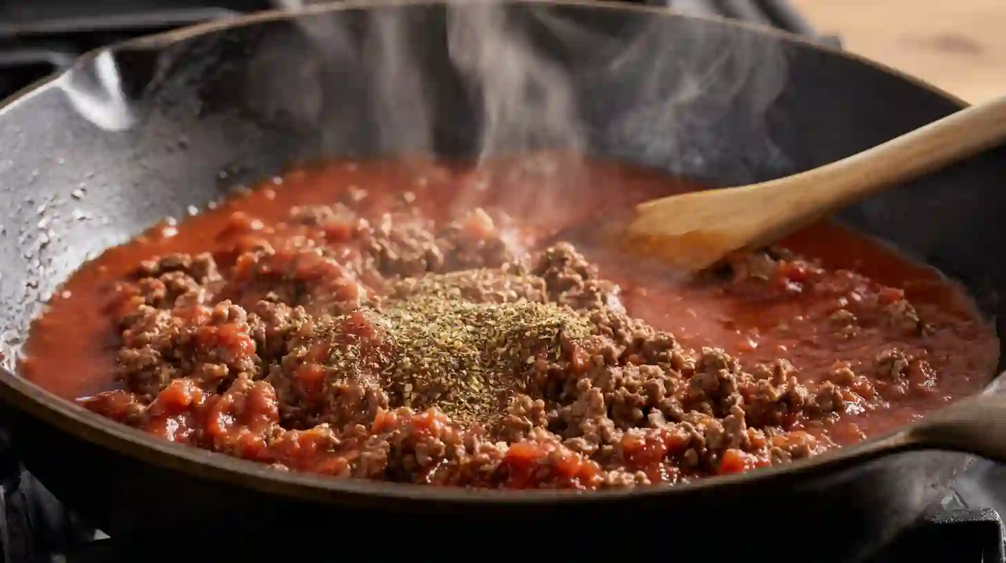 step-3-season-sauce-old-school-pizza-burgers Simmering beef with pizza sauce and Italian seasoning for Old School Pizza Burgers – classic comfort food recipes and homemade pizza burger recipe