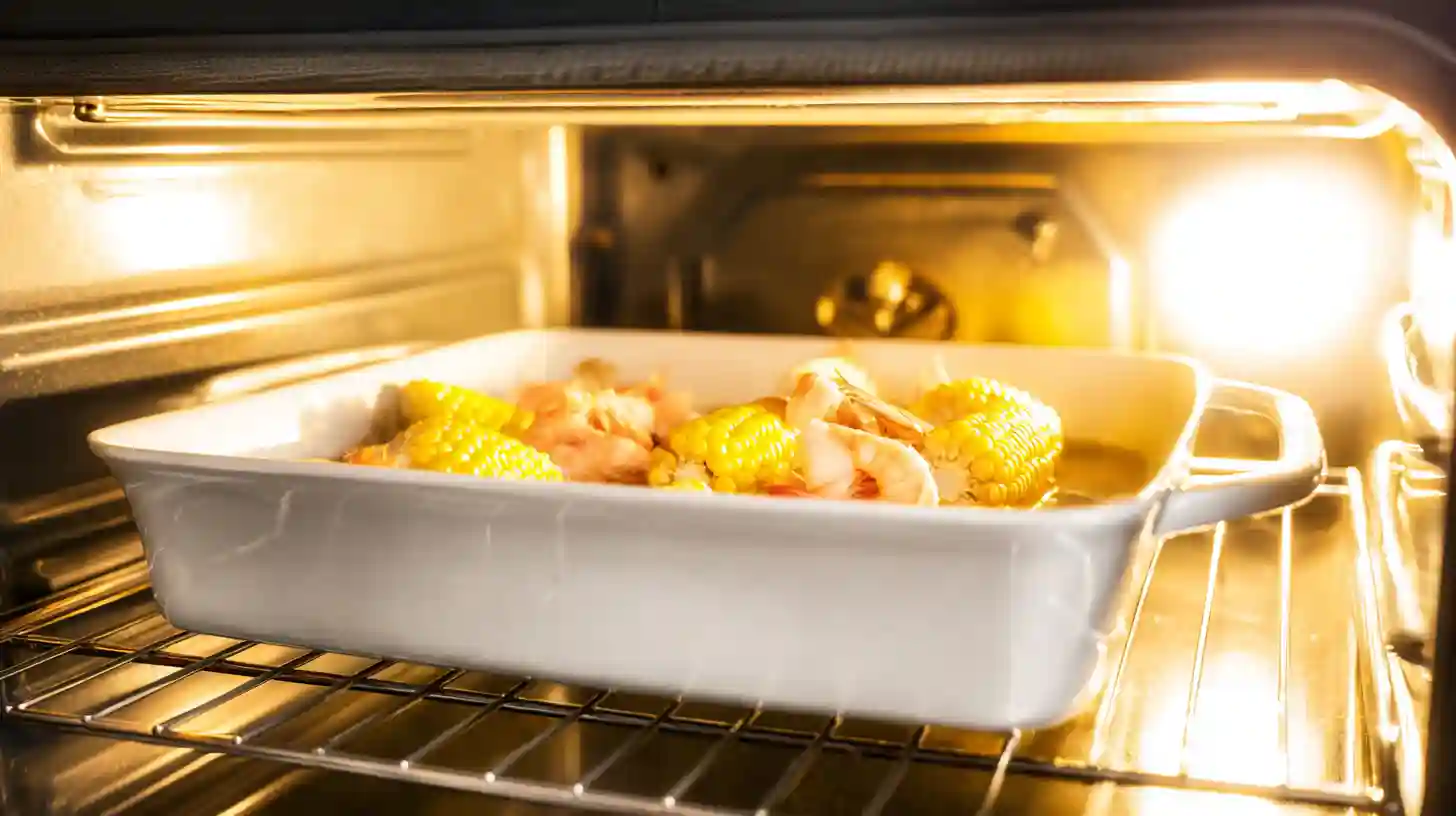step-4-bake-garlic-butter-shrimp-corn Baking garlic butter shrimp and corn in the oven until pink and tender