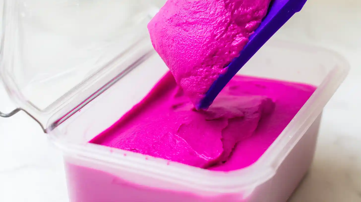 step-4-freezing-dragon-fruit-ice-cream Pouring and freezing mixture for dragon fruit ice cream homemade, an essential step in healthy homemade ice cream recipes