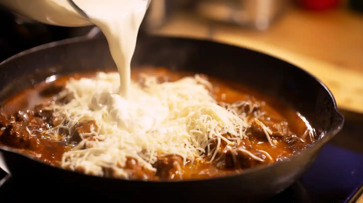 step-4-make-it-creamy-beef-bowtie-pasta Add heavy cream and shredded cheese to beef and pasta sauce for easy creamy beef and bowtie pasta – creamy ground beef pasta, high protein family meals, quick dinner ideas
