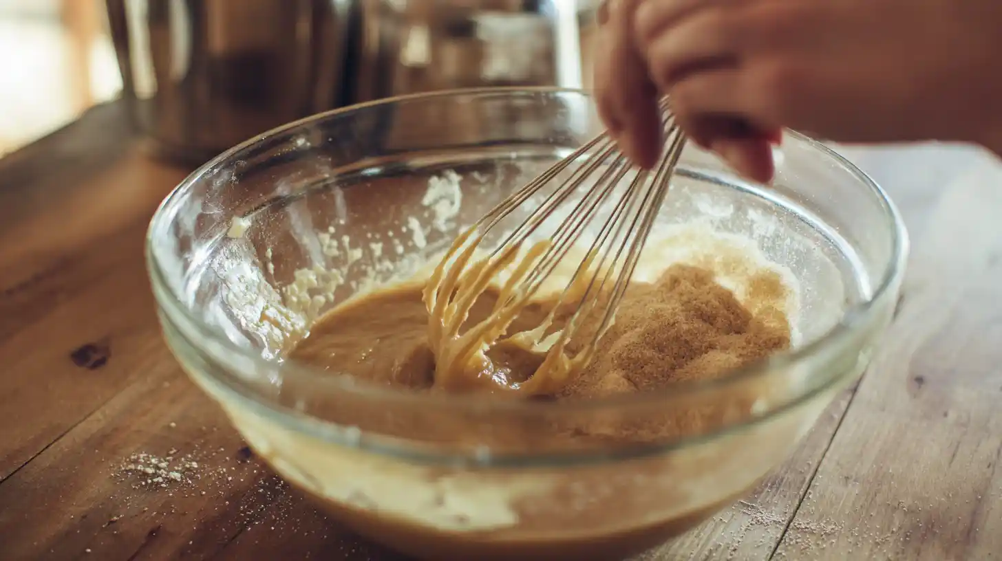 step-4-whisk-sugar-eggs-caramel-brownie-pie whisking sugar eggs and vanilla for caramel brownie pie batter in glass bowl