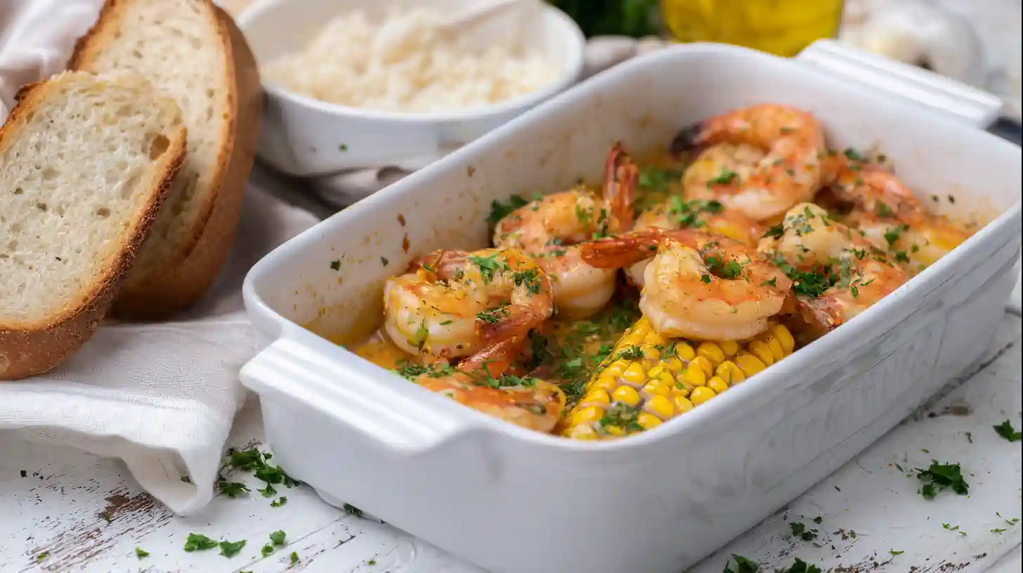 step-5-garnish-serve-garlic-butter-shrimp-corn Garlic butter baked shrimp and corn garnished with parsley and served with bread and rice