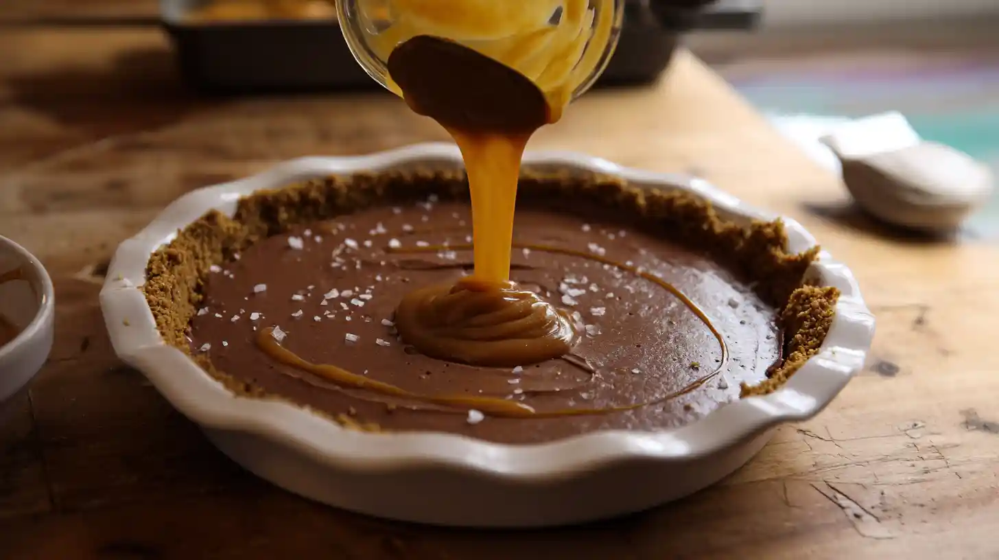 step-6-layer-batter-caramel-caramel-brownie-pie layering brownie batter and caramel in crust for gooey caramel brownie pie