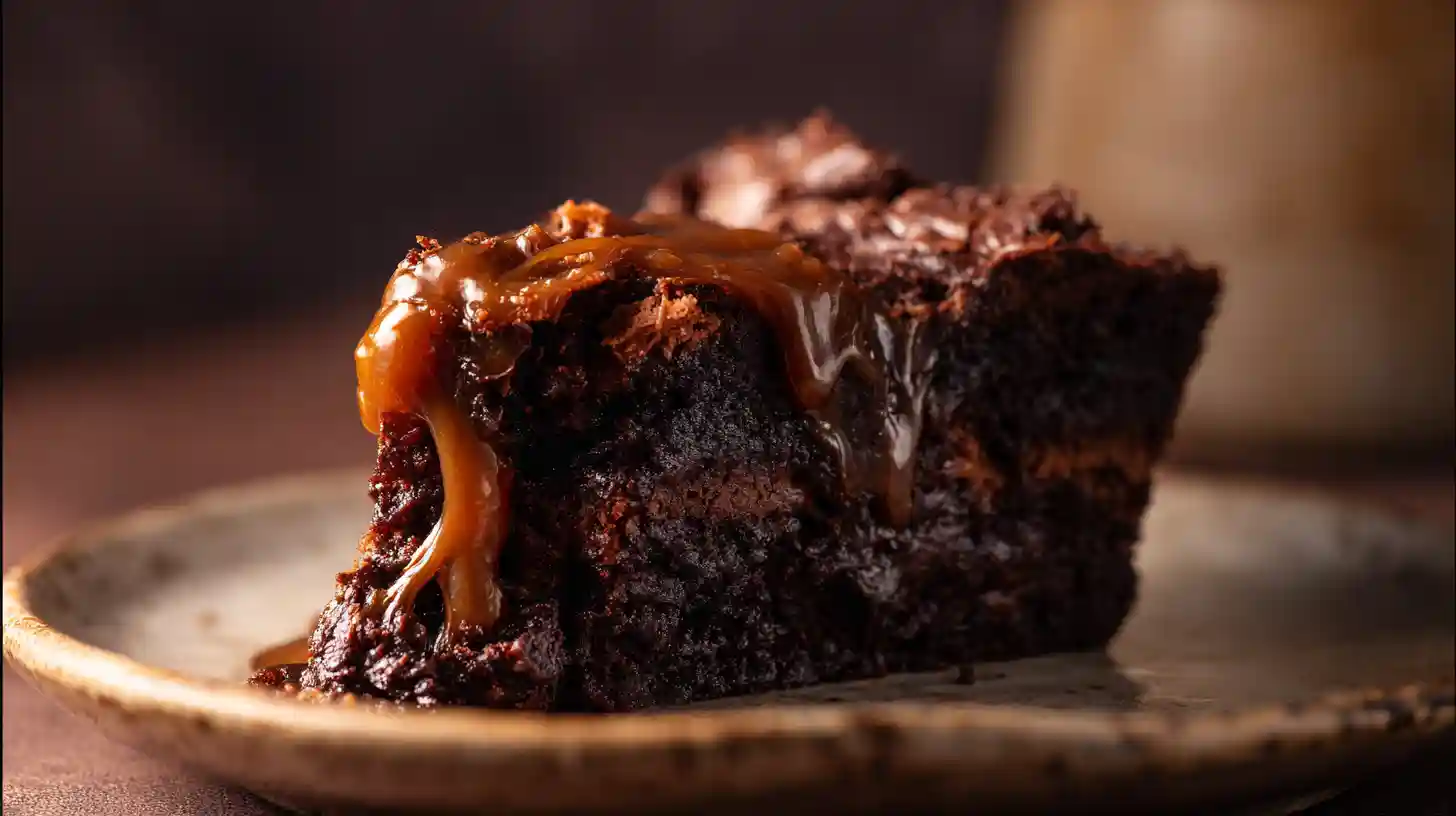 step-7-baked-caramel-brownie-pie-cooling freshly baked caramel brownie pie with soft center cooling on counter