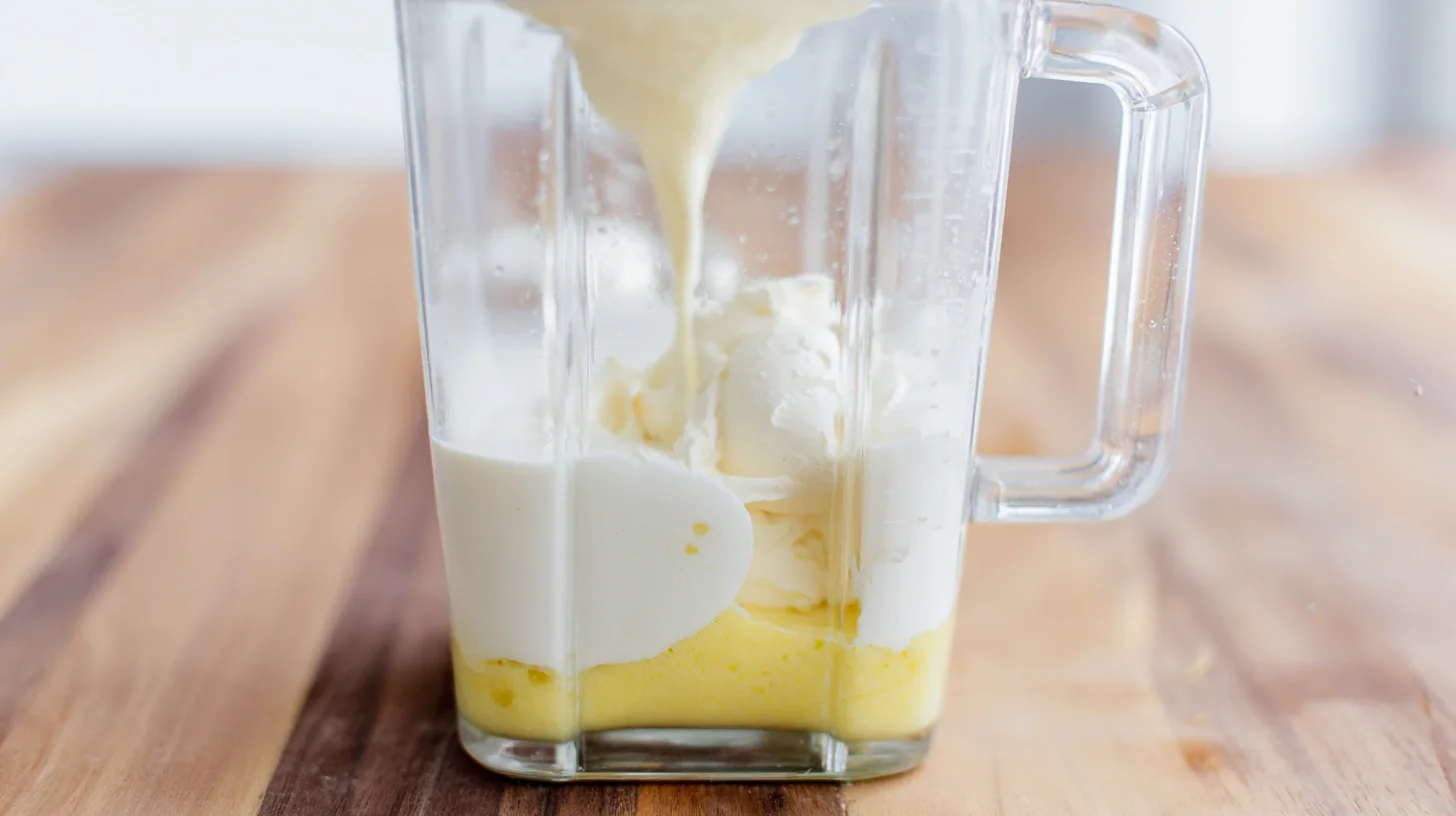 step1-add-base-key-lime-cheesecake-pina-colada Pouring coconut milk, pineapple juice, and cream cheese into blender for Key Lime Pie Cheesecake Piña Colada recipe – tropical cheesecake cocktail base for easy summer drinks
