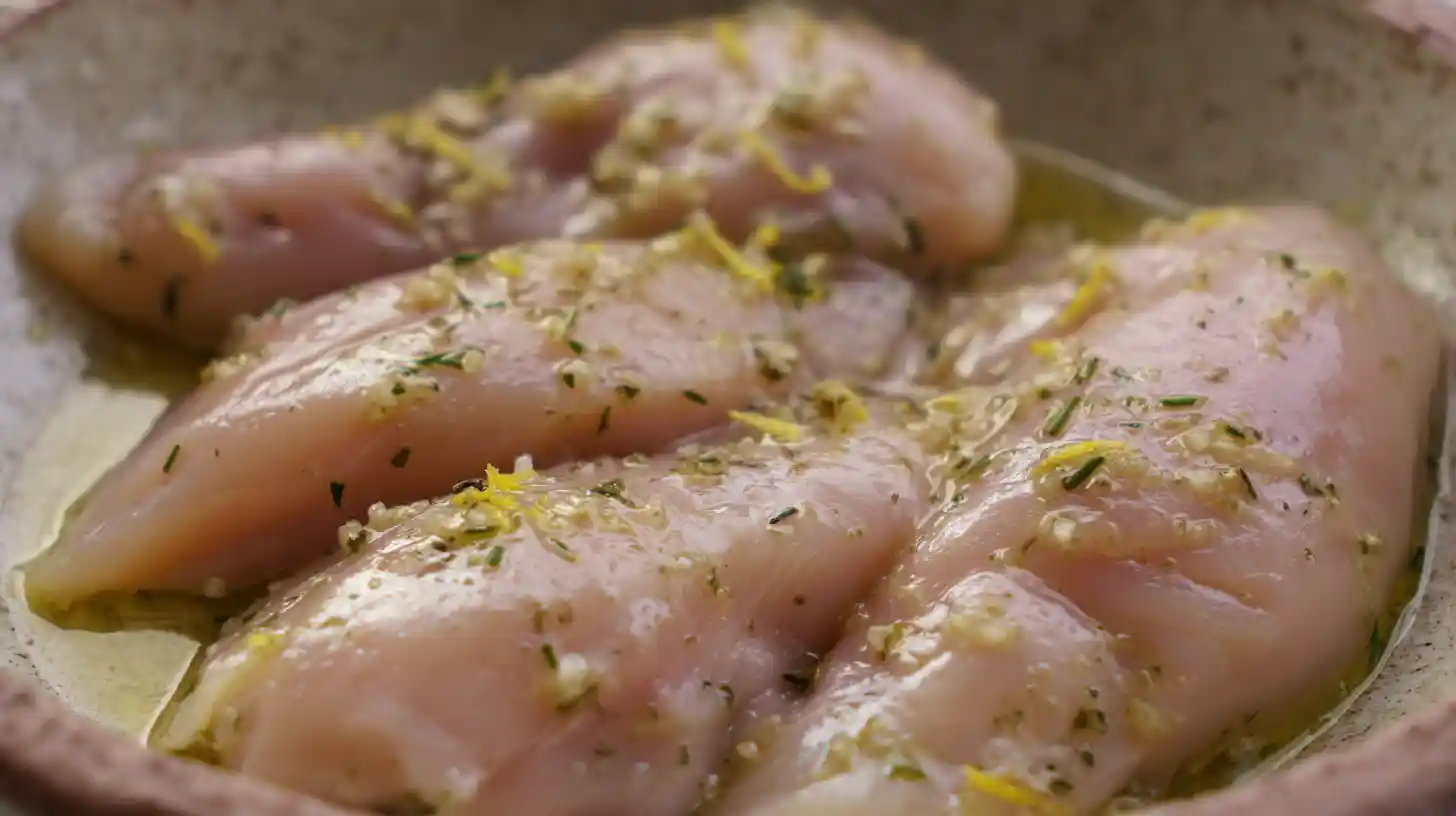 step1-marinate-chicken-loaded-herb-grilled-pesto-pasta Marinating chicken with herbs, garlic, and lemon for loaded herb grilled chicken with creamy pesto pasta, a healthy grilled chicken recipe for easy weeknight chicken dinners