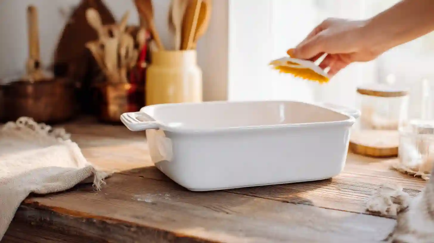 step1-preheat-grease-casserole-dish-homestyle-bake Preheating oven and greasing casserole dish – first step for easy beef and cheddar egg noodle bake