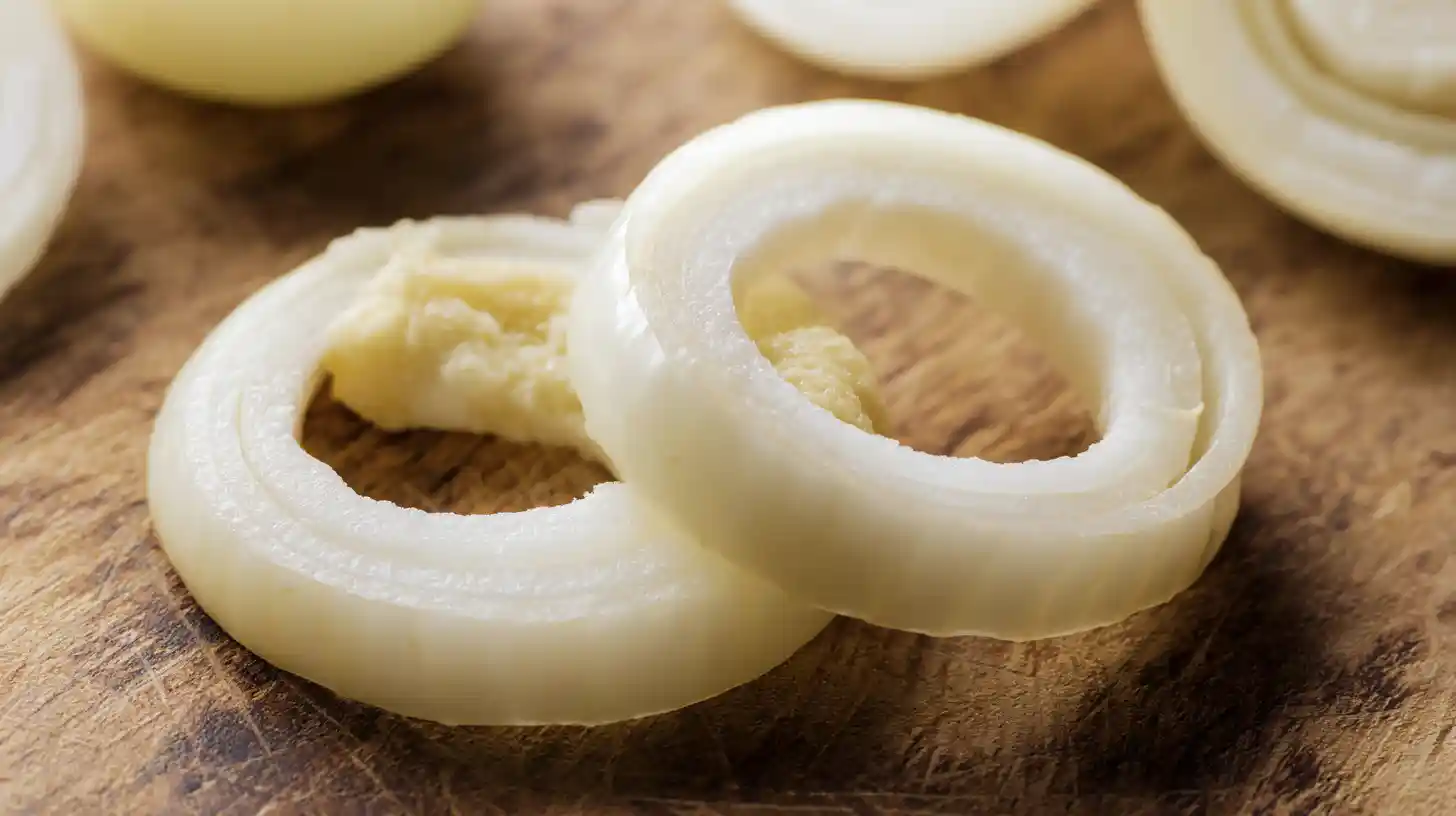 step1-slice-and-stuff-pizza-onion-rings Close-up of raw onion rings stuffed with mozzarella and pepperoni for stuffed pizza onion rings recipe, perfect for crispy fried appetizers and quick and cheap meals