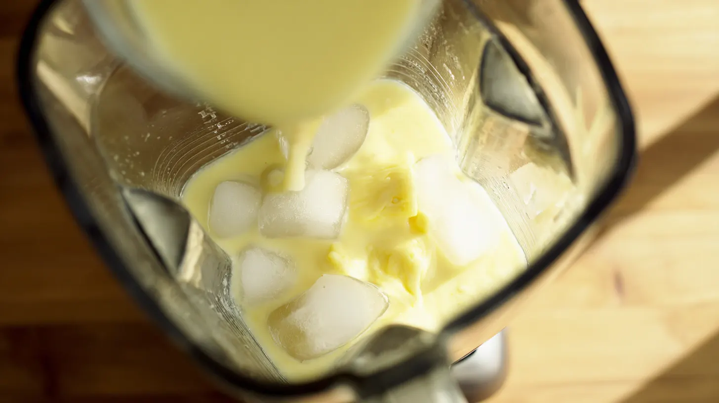 step2-blend-ice-key-lime-cheesecake-pina-colada Blending ice with coconut milk and lime for Key Lime Pie Cheesecake Piña Colada recipe – best blender for frozen drinks, creamy tropical cheesecake cocktail