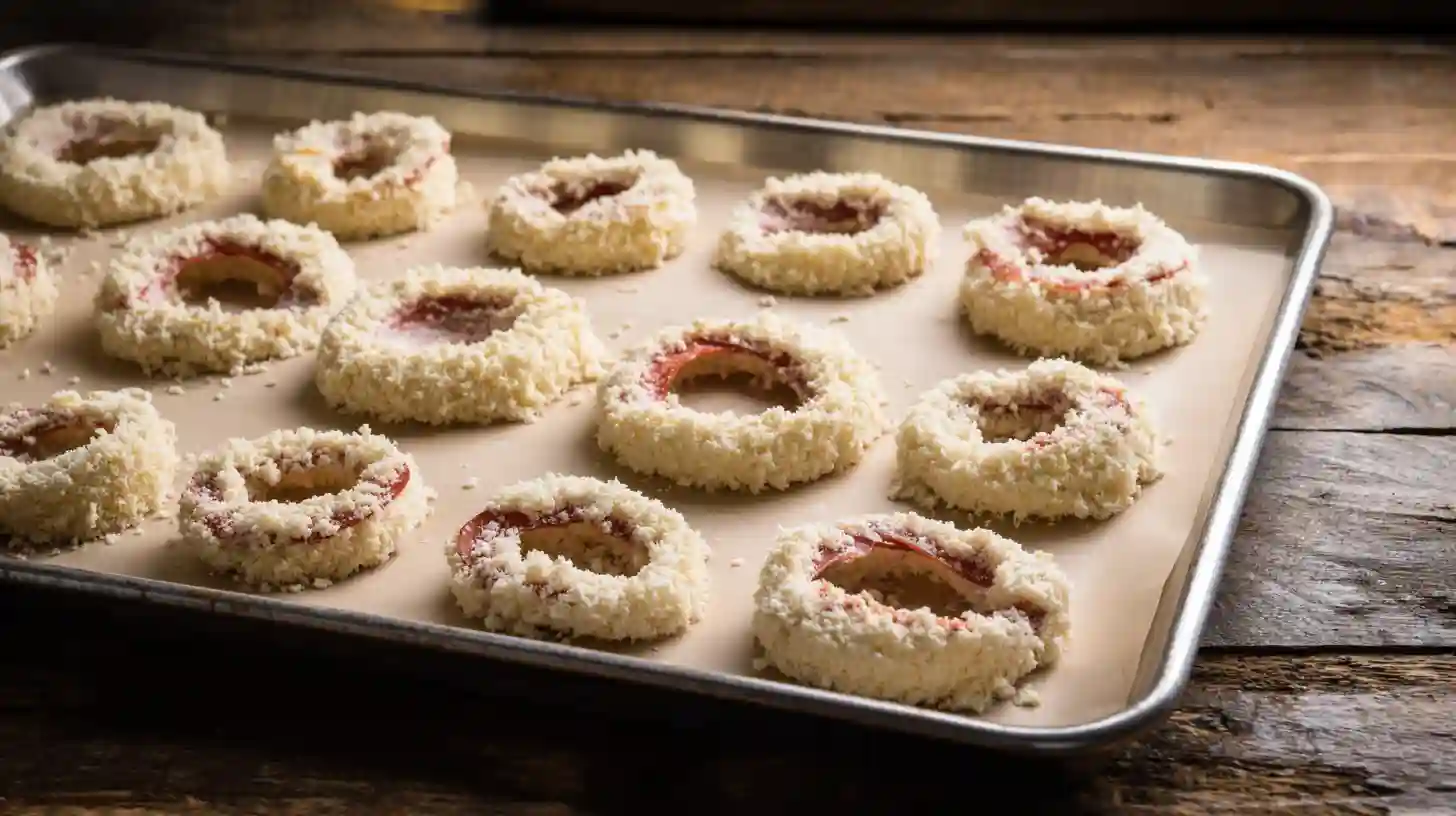 step2-freeze-stuffed-pizza-onion-rings Stuffed pizza onion rings on a tray ready to freeze, holding mozzarella and pepperoni inside — perfect prep for crispy fried appetizers and quick and cheap meals