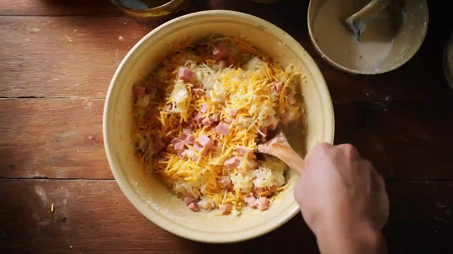 step2-mix-cheesy-ham-potato-casserole Mixing cheesy ham and potato casserole filling – quick family dinner idea, easy budget-friendly comfort food, perfect for busy weeknights.
