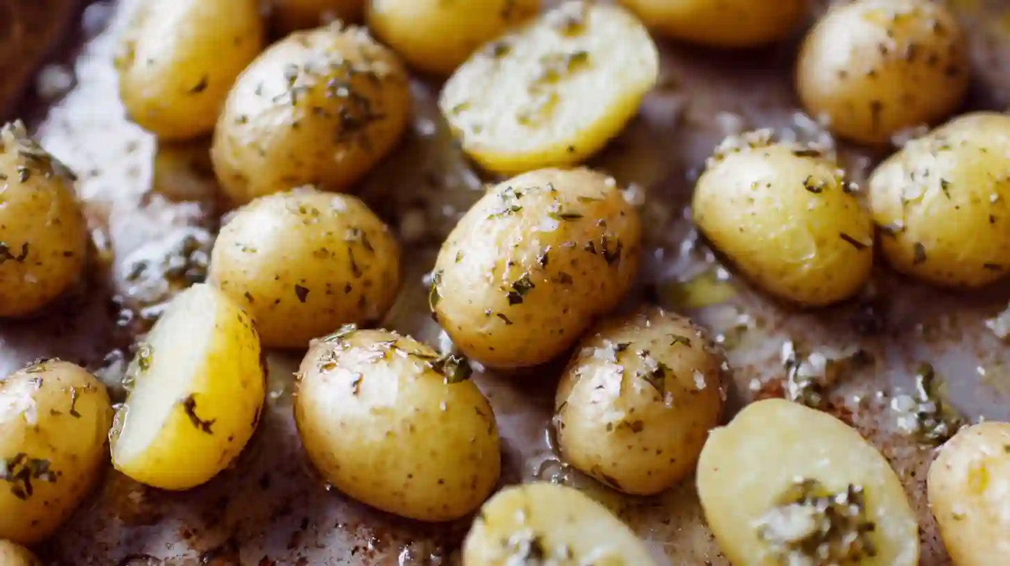 step2-roast-potatoes-loaded-herb-grilled-pesto-pasta. Roasting baby potatoes with garlic, oregano, and olive oil for loaded herb grilled chicken with creamy pesto pasta, a healthy grilled chicken recipe and easy weeknight chicken dinner